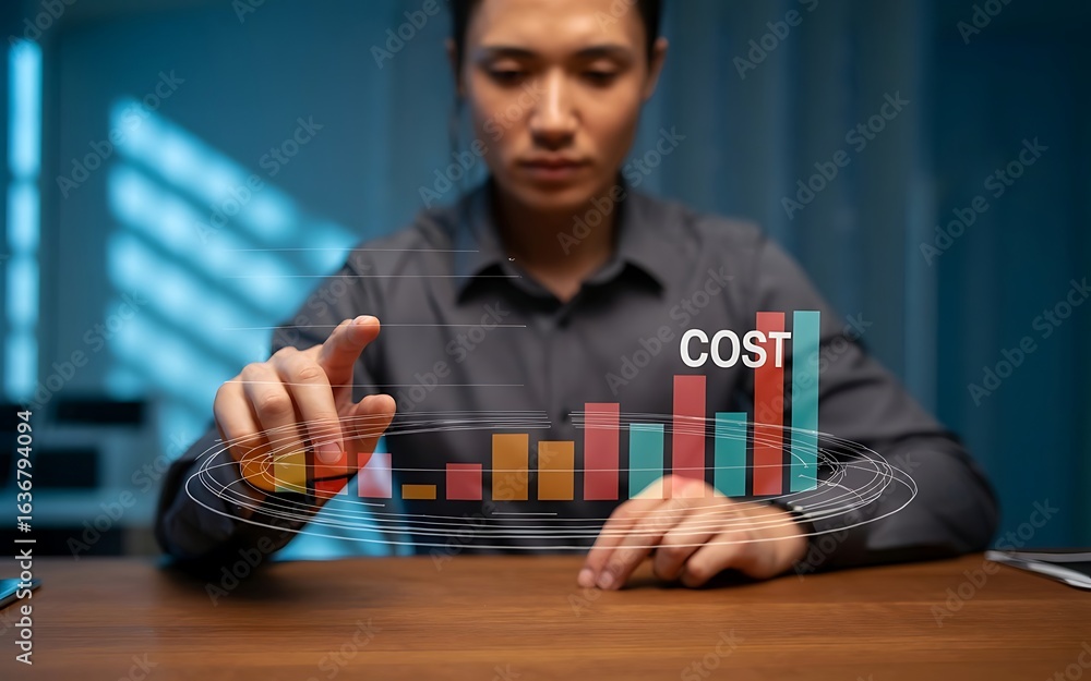 Poster business-pointing-down-arrow-graph-with-cost-reduction-business-finance-virtual-screen-cost-reductio