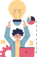 A cartoon illustration of a person holding a lightbulb, representing an idea, with charts and gears.