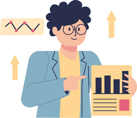 Cartoon illustration of a person with glasses pointing to a bar graph on a document, with upward arrows and a line graph in the background.
