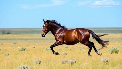 A shiny brown horse galloping across a grassy field under a clear blue sky on a sunny day outdoors