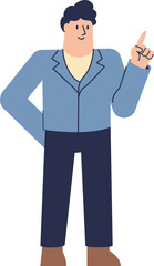 Obraz premium Cartoon illustration of a man in a blue suit pointing upwards with his right hand, standing confidently.