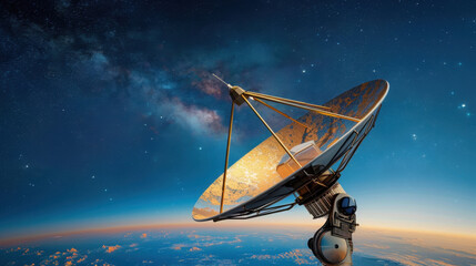 Large satellite dish captures signals from space, set against stunning backdrop of Milky Way galaxy. scene evokes sense of wonder and exploration in vast universe