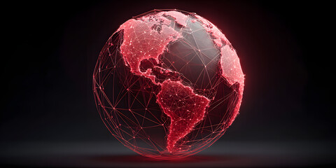 economy trade sustainability concept. 3D globe illustration with a network design in vibrant red against a dark background.