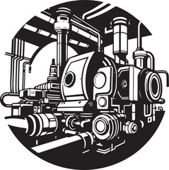 Factory, technical room, futurism, industry, equipment, mechanisms. Hand drawn vector illustration