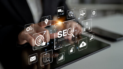 SEO concept for improving SEO visibility, with SEO related digital tools and SEO performance icons shown in an focused layout for strategic marketing. Spline