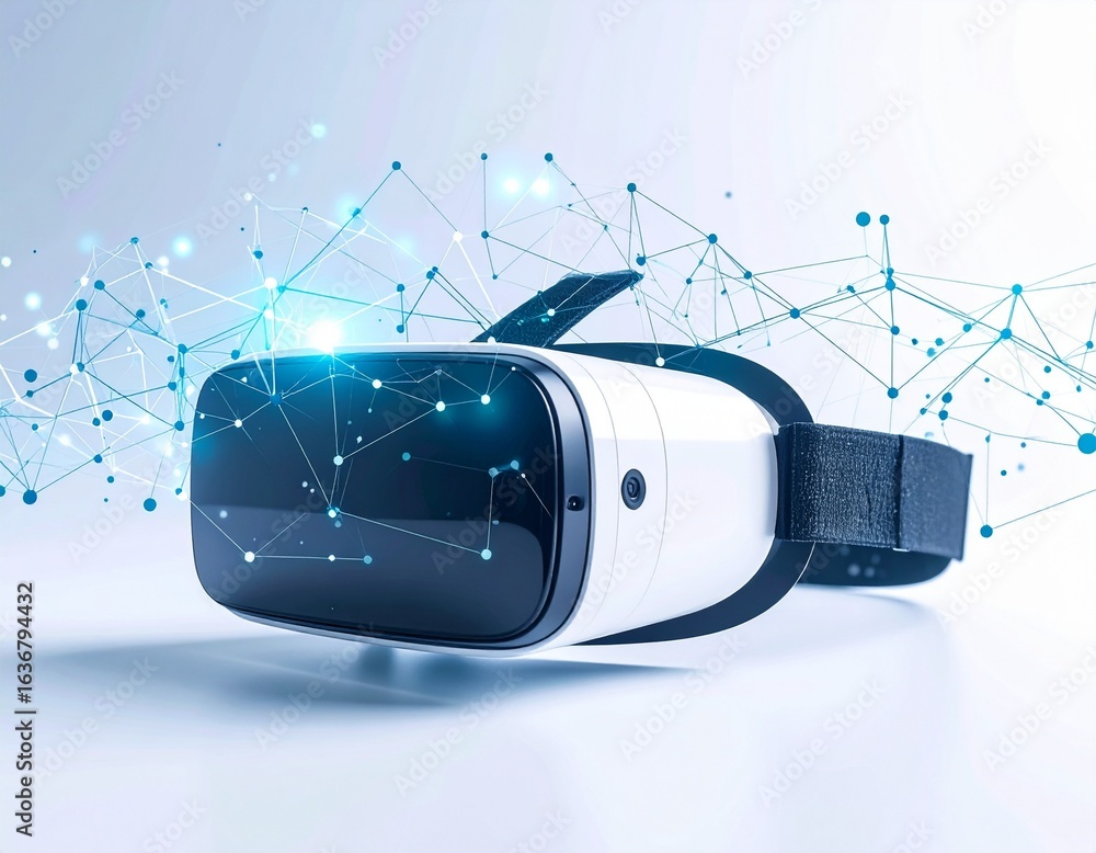 Poster a white and black virtual reality headset is shown with a glowing blue network of interconnected dot
