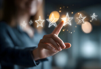 Digital Excellence: Womans Finger Selects a Glowing Five-Star Rating on a Virtual Screen.