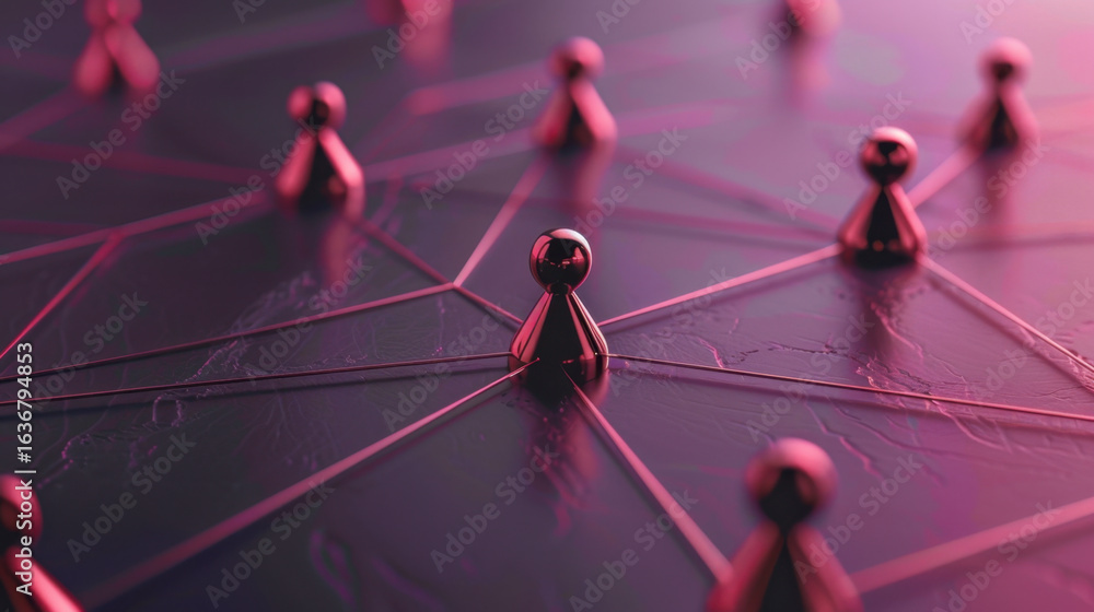 Poster close up view of metallic game pieces connected by lines on textured surface, creating visually stri