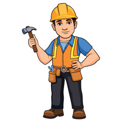 Cartoon Construction Worker Ready to Build Holding a Hammer, Tool Belt, Wearing Yellow Hard Hat and Orange Safety Vest