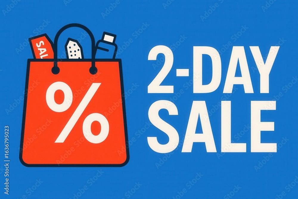 Poster bold graphic of a red shopping bag with a percentage symbol and items inside, next to text reading 