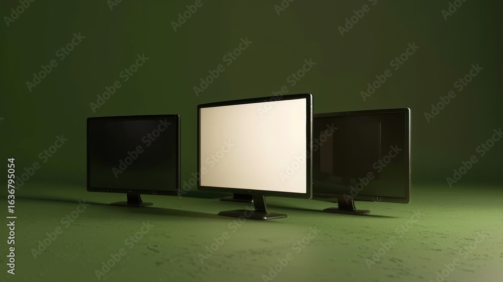 Poster three computer monitors are arranged green surface, showcasing different screen states. first monito