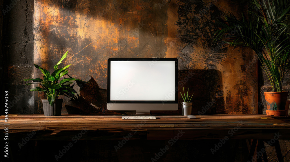 Poster modern workspace featuring blank computer screen on rustic wooden desk. background showcases texture