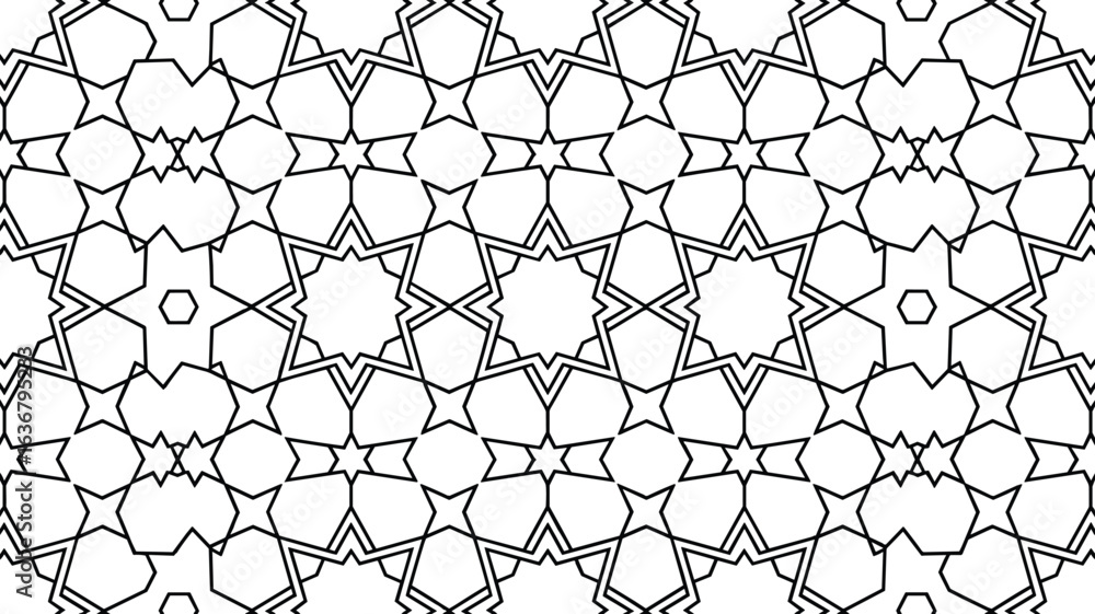Poster intricate black and white geometric pattern featuring repeating star and hexagon shapes abstract des