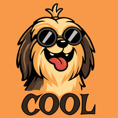 Cool cartoon dog with sunglasses and tongue out, playful and stylish character for kids. Vector illustration on orange background.