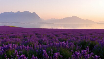 Obraz premium A lavender field in full bloom with mountains and a body of water in the background at sunset time