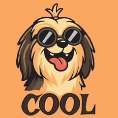 Cool cartoon dog with sunglasses and tongue out, playful and stylish character for kids. Vector illustration on orange background.