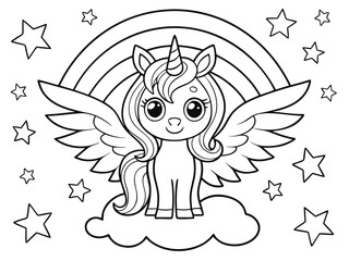 Obraz premium Cute unicorn on a rainbow with stars. Black and white illustration, Vector. Colorful and black and white unicorn coloring page design