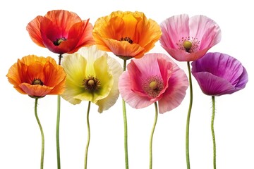 Obraz premium Seven colorful poppy flowers isolated on a clean white background close up