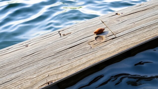 A close up of a wooden dock with an acorn resting on it near water with gentle ripples and reflections