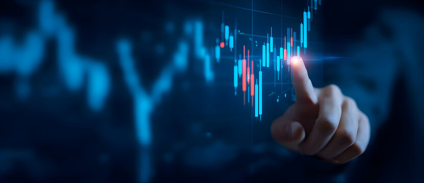 Traders Insight: Hand Interacting with a Glowing Holographic Stock Market Chart.