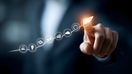 Igniting Business Growth: Executives Finger Launches a Startup Rocket on a Digital Trajectory.