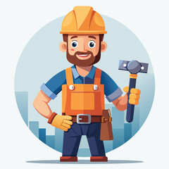 Cartoon Construction Worker Ready to Build Holding a Hammer, Tool Belt, Wearing Yellow Hard Hat and Orange Safety Vest
