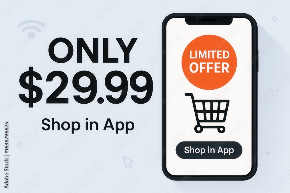 Poster smartphone display showcasing a limited offer at $29.99 with a shopping cart icon and 
