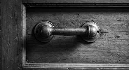 Obraz premium Close-up view of a weathered door handle on a rustic wooden door, showcasing intricate details and textures