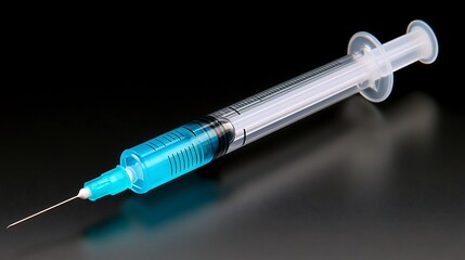 Medical syringe with blue liquid.