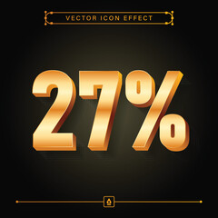 27 Percent 3D Golden Icon with Modern Realistic Vector and Luxurious Gold Effect, 27% Sign, Twenty Seven Percent 3D Symbol
