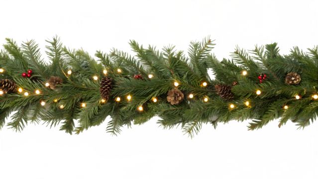 Festive christmas garland with pine cones and lights, isolated on transparent background, perfect for holiday decorations and winter season designs - Powered by Adobe