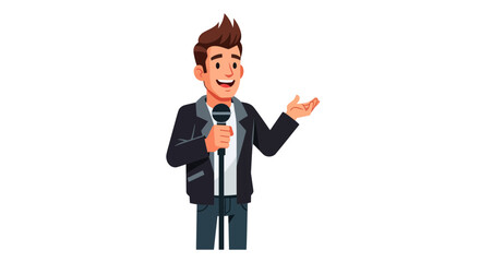 Fototapeta premium Professional male speaker or presenter holding a microphone and gesturing during a confident speech, ideal for communication, event, or entertainment concepts.