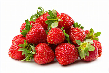 Group of ripe strawberries with stems and leaves on white background, fresh organic fruit