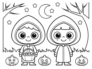 Cute Halloween coloring page featuring cartoon ghosts, bats, jack-o&rsquo;-lantern pumpkins, and stars in a playful black and white line art style