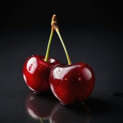 A detailed, photo-realistic image of a cherry on a stem, with light reflecting off its glossy, deep red surface. The cherry is the sole focus against a stark, black studio backdrop
