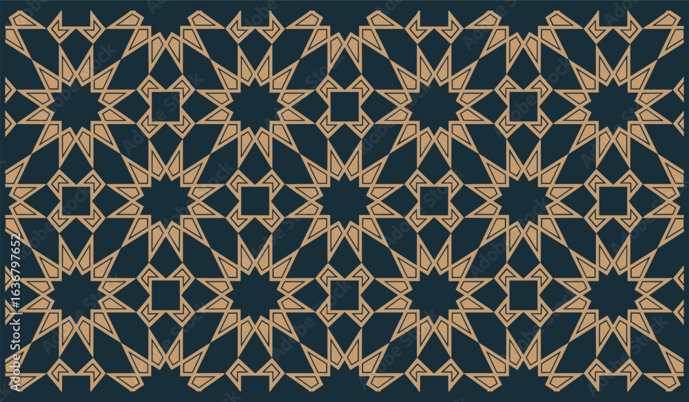 Poster intricate geometric pattern in teal and gold with star and square shapes repeated across the design