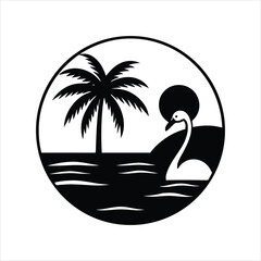 Minimal Silhouette of Swan, Palm, and Sunset Vector © abdurrashid