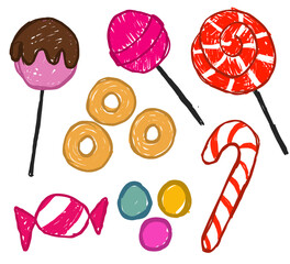 Crayon Candy Vector Set. Hand Drawn Kids Style Chalk and Scribble Sweets Illustration, Colorful Childlike Doodles for Fun, Playful, and Whimsical Design Projects.