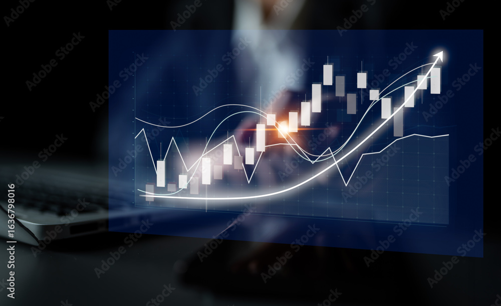 Poster dynamic visual representation of stock market data with upward trend lines, emphasizing financial gr