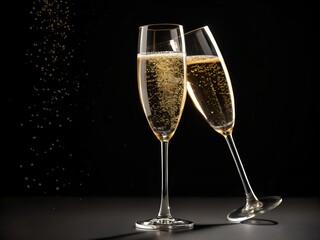 Two Champagne Flutes Clinking in a Toast on a Black Background