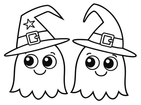 Cute ghosts wearing witch hats outline doodle cartoon illustration. Halloween coloring book page activity for kids and adults