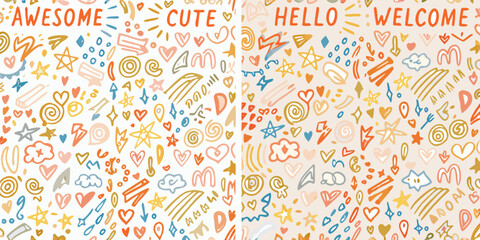 Obraz premium Whimsical doodle pattern with positive words and symbols