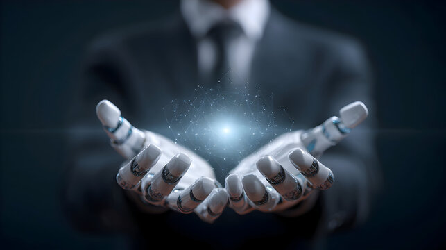 Cyborg Professional in Suit Cradles a Luminous Neural Network in Robotic Hands.