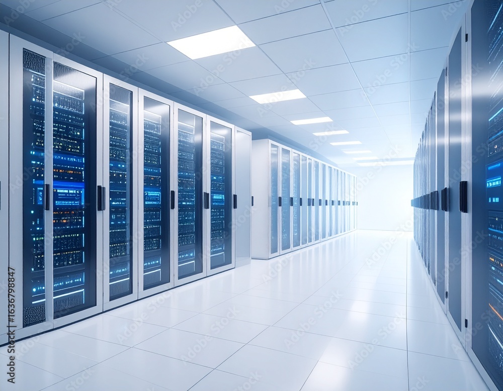 Poster a long, brightly lit corridor in a modern data center with rows of server racks on both sides, showc