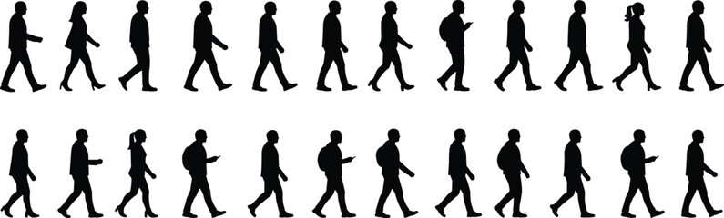 Silhouettes of people walking, black figures, white background,   urban concept, isolated shapes, vector illustration,  walking animation,  modern style, black and white,  artistic render