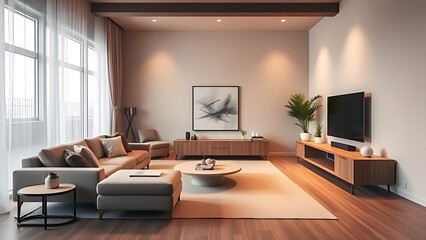 Modern living room with minimalist decor, warm lighting, and a clean aesthetic.