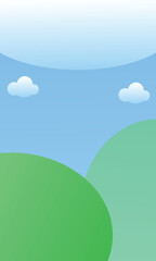 Fototapeta premium A colorful abstract background with green rolling hills and a light blue sky with cartoon-like clouds. The design has a smooth, layered, and gradient effect.