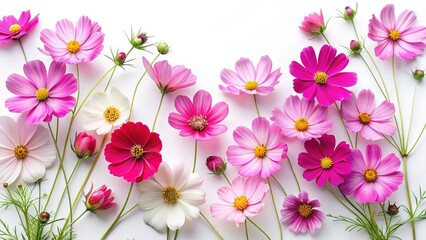 Fototapeta premium Elegant Cosmos Flowers in Pink, White, and Red on a White Background