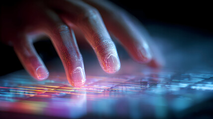 Luminous Digital Touch: Fingers with Wireframe Grid on a Glowing Data Interface.