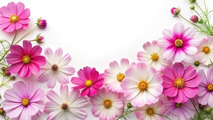 Fototapeta premium Beautiful arrangement of vibrant pink and white cosmos flowers on a white background